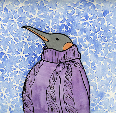 Cozy Penguin, Watercolor.